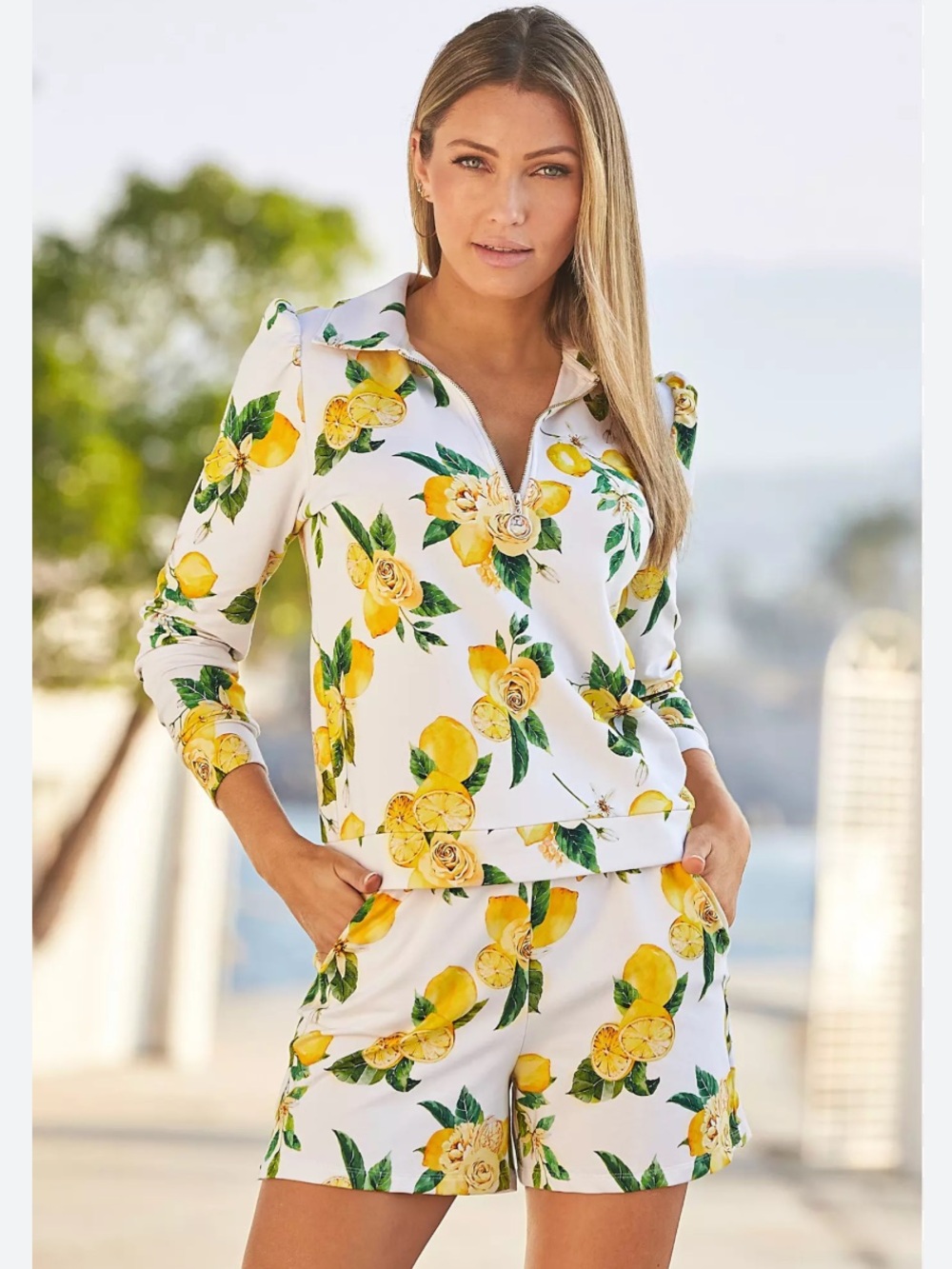Boston Proper Lemon Print Two-Piece shorts Set - White & Yellow Floral